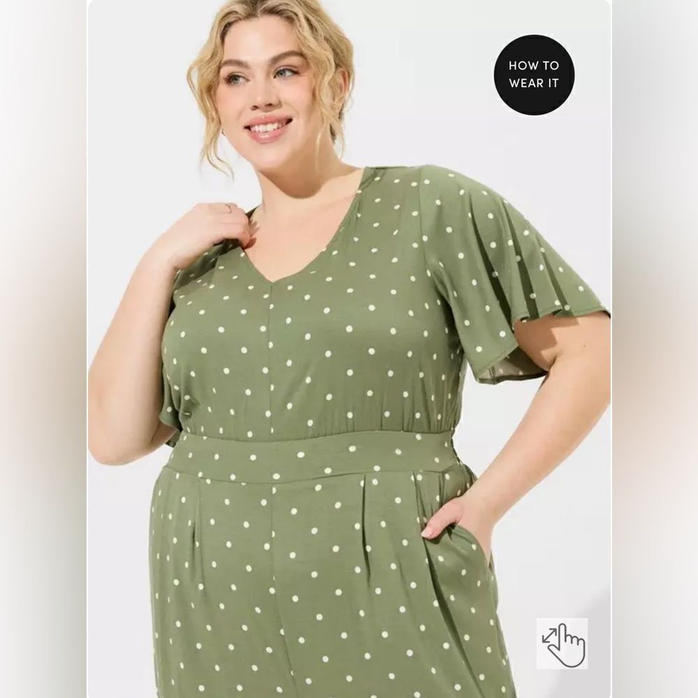 Torrid Stretch Challis Flutter Sleeve Jumpsuit 5X Honey Dots Olivine - Picture 3 of 16